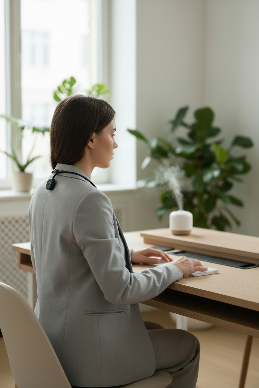 LUXEIT™ Smart Posture Wearable in black — lightweight gyroscope vibration device worn on upper back